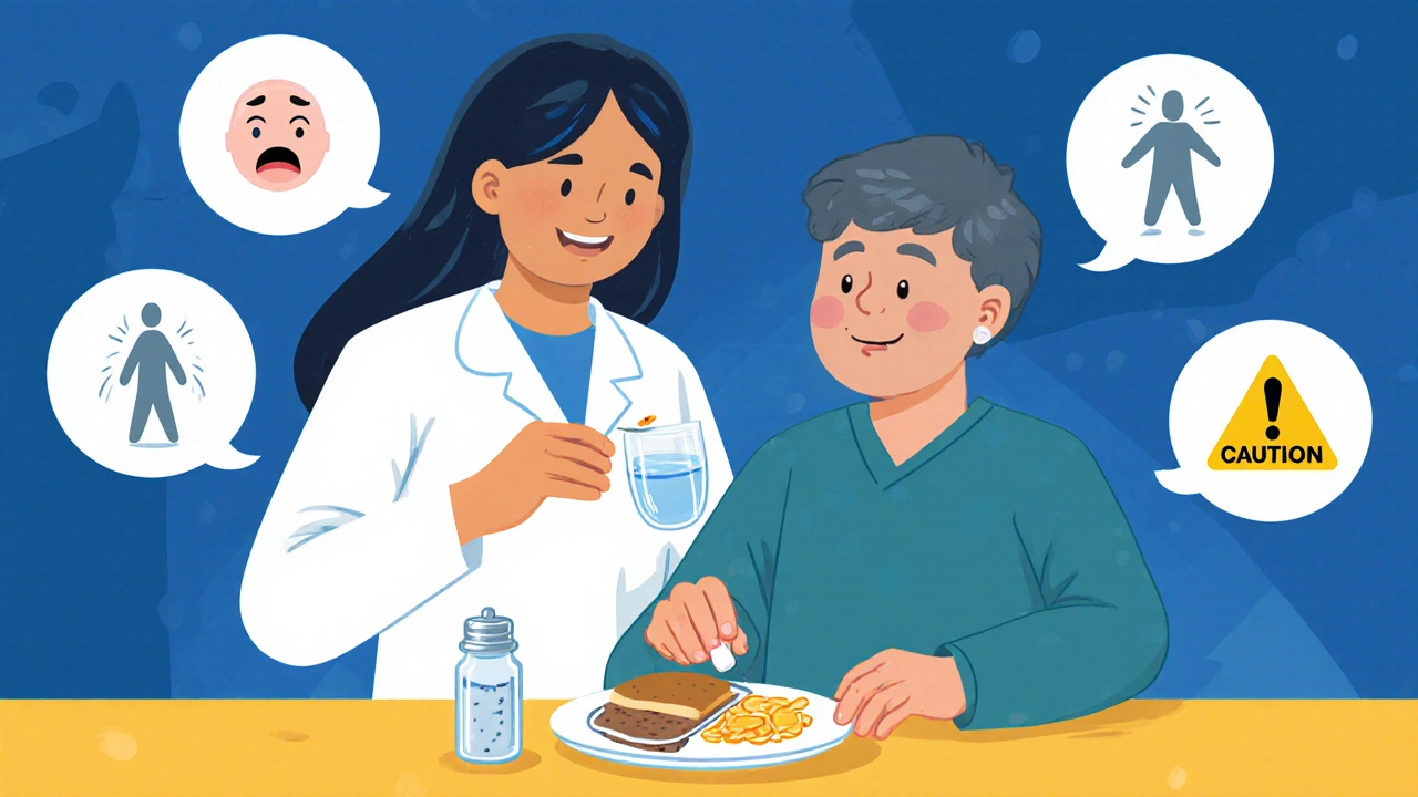 Caregiver helps patient manage side effects with breakfast, water, and visual cues.