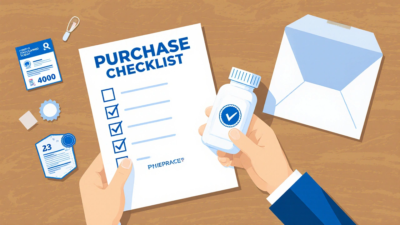 Checklist and pill bottle on table, showing safe purchase steps.