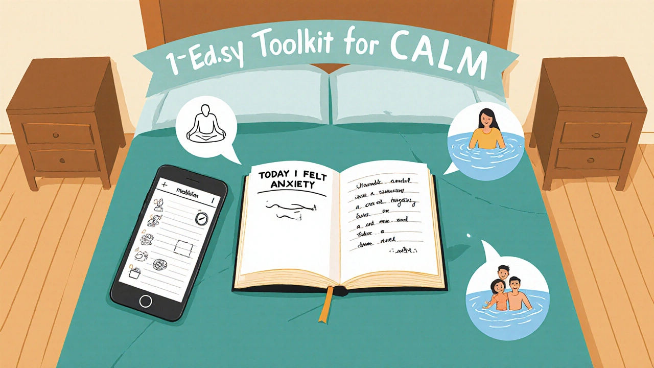 Coping toolkit scene with journal, grounding list, meditation app, and exercise icons.