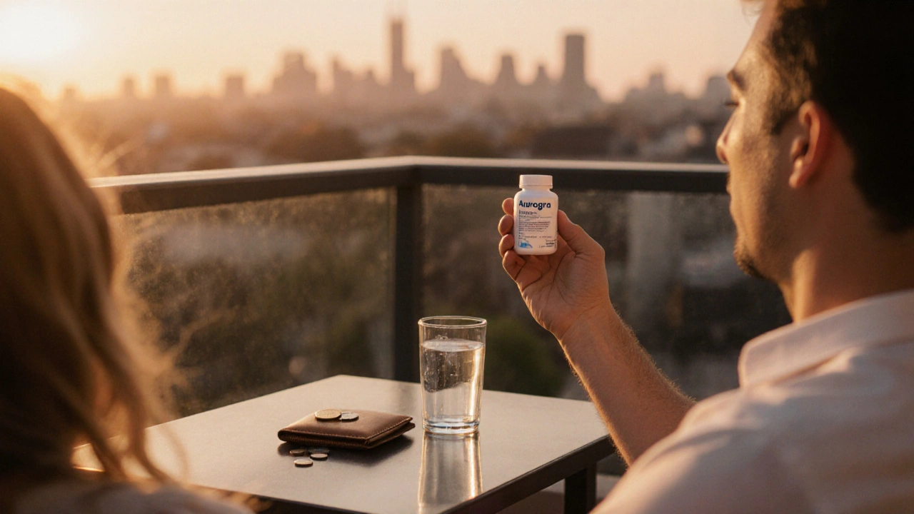 Couple on a balcony, man holding an Aurogra bottle and a wallet with coins.