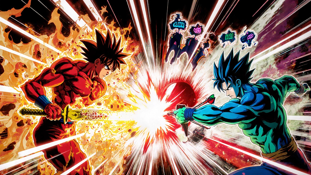 Dapoxetine and avanafil appear as heroic characters acting on brain and blood vessels, anime style.