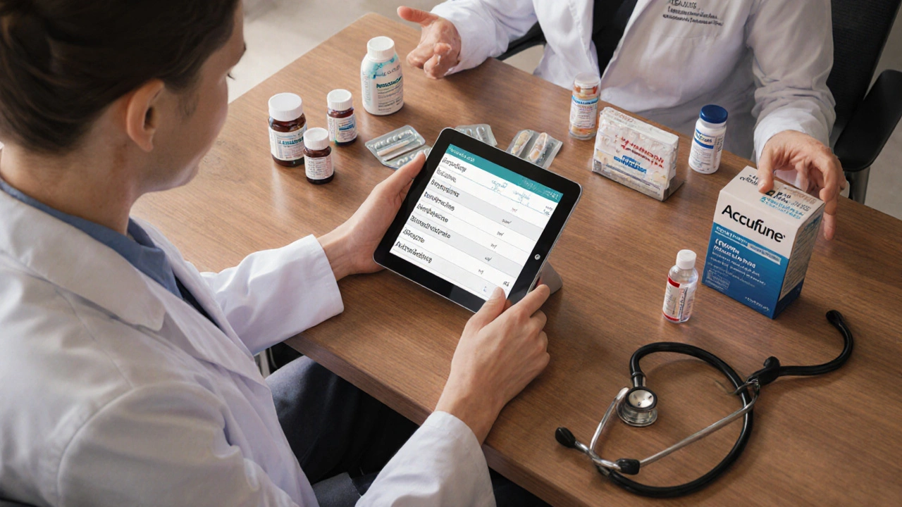 Dermatologist&#039;s office with doctor, patient, and assorted acne medication bottles and lab results.