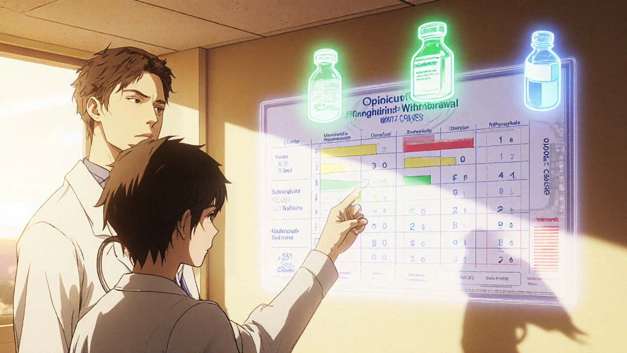 Doctor explaining COWS scale and medication options to patient in a clinic.