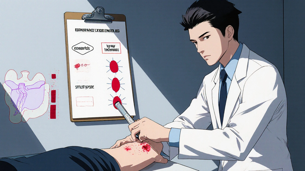 Doctor performing skin prick test on patient with visible hives and lab charts.