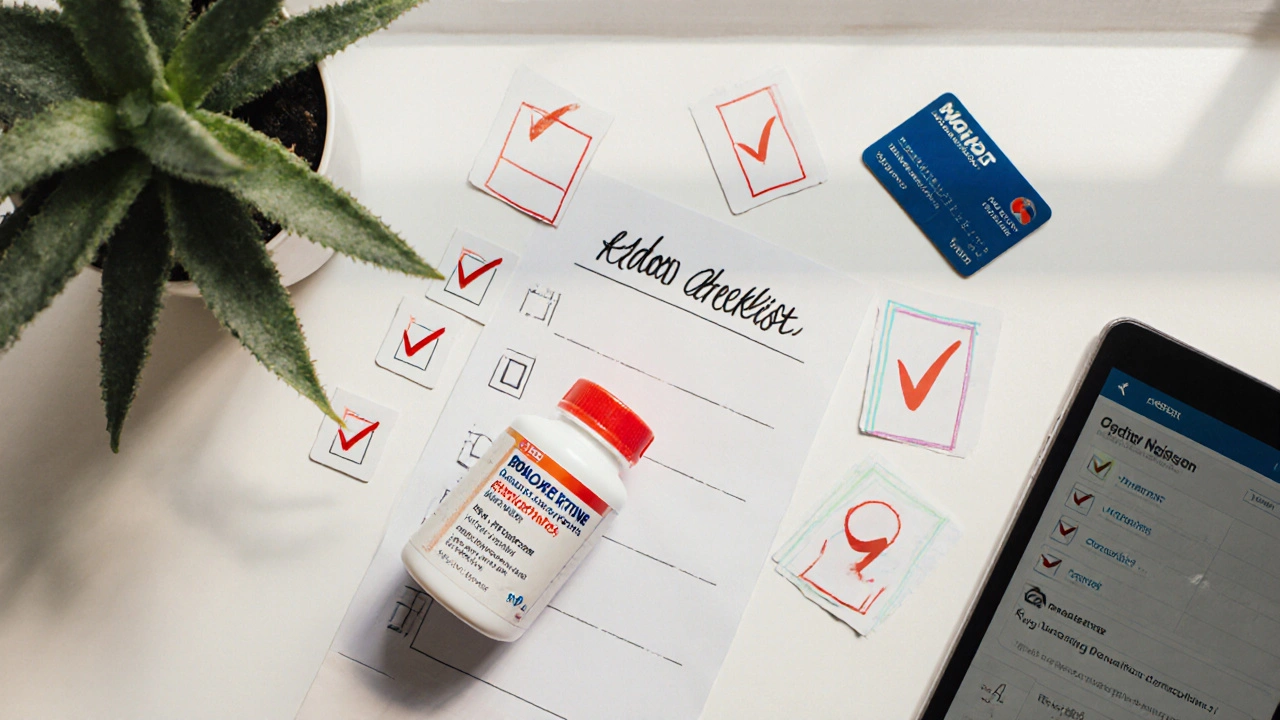 Flat‑lay of generic duloxetine bottle with checklist items and a plant.