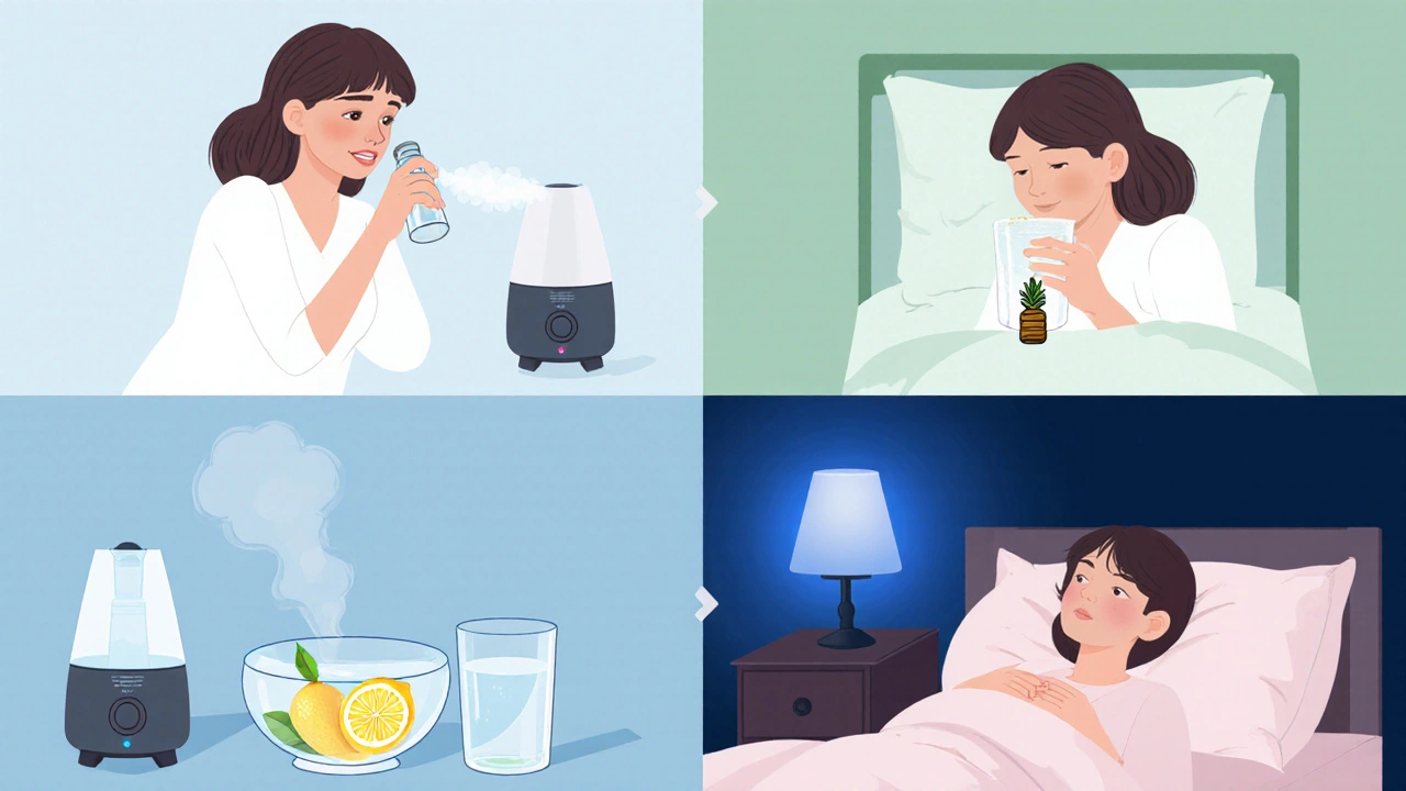 Four-panel scene of a pregnant mom's daily runny-nose routine from morning to night.
