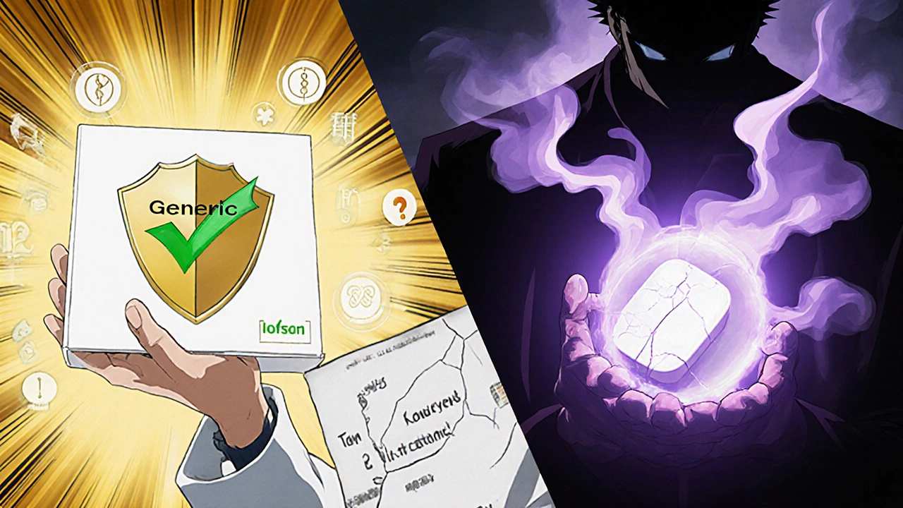 Hero holding safe generic sildenafil tablet vs shadowy dealer offering dangerous counterfeit.