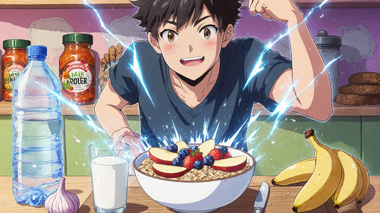 Hero prepares a colorful bowl of oatmeal, kefir, banana, garlic, and water, smiling.