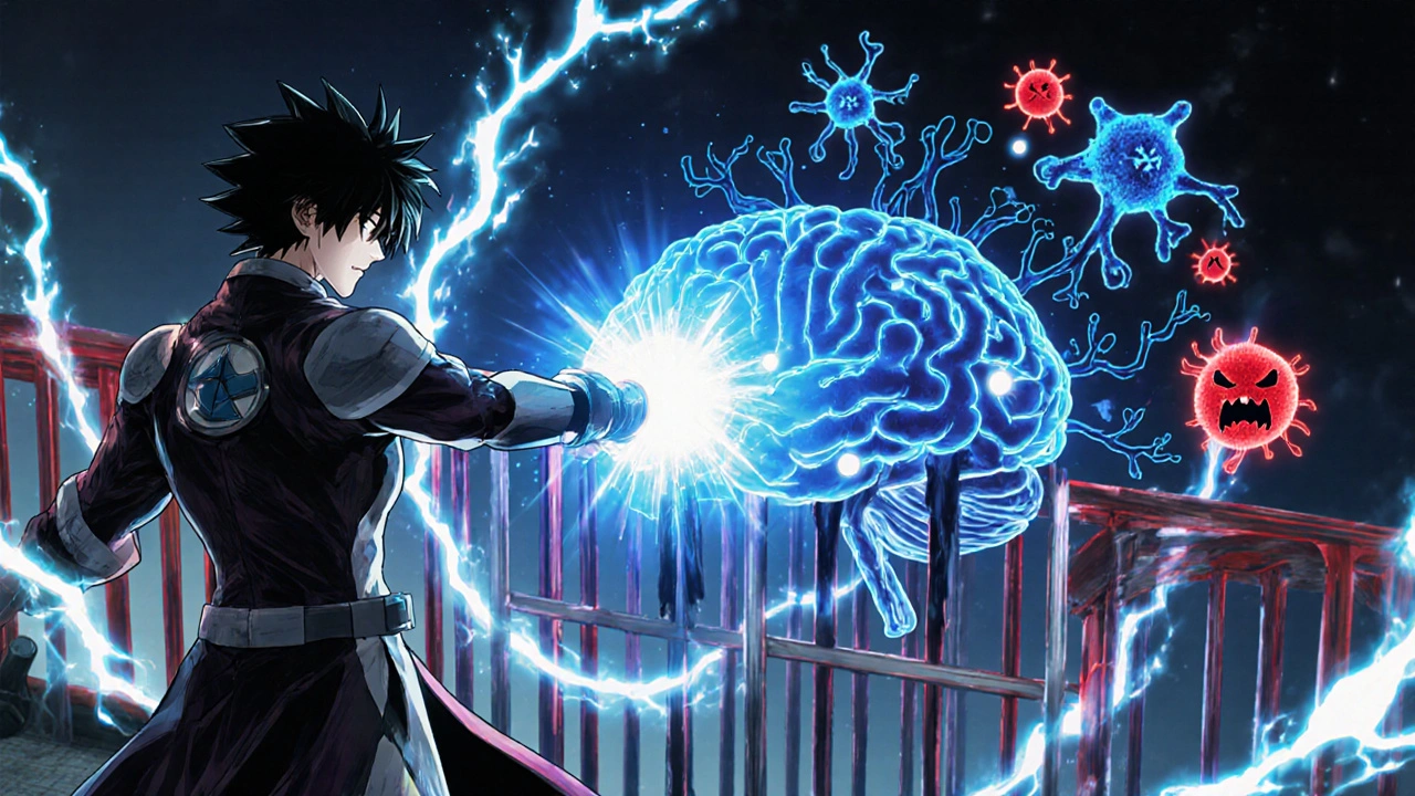 Heroic figure launches magnesium ions through a glowing blood‑brain barrier to neurons.