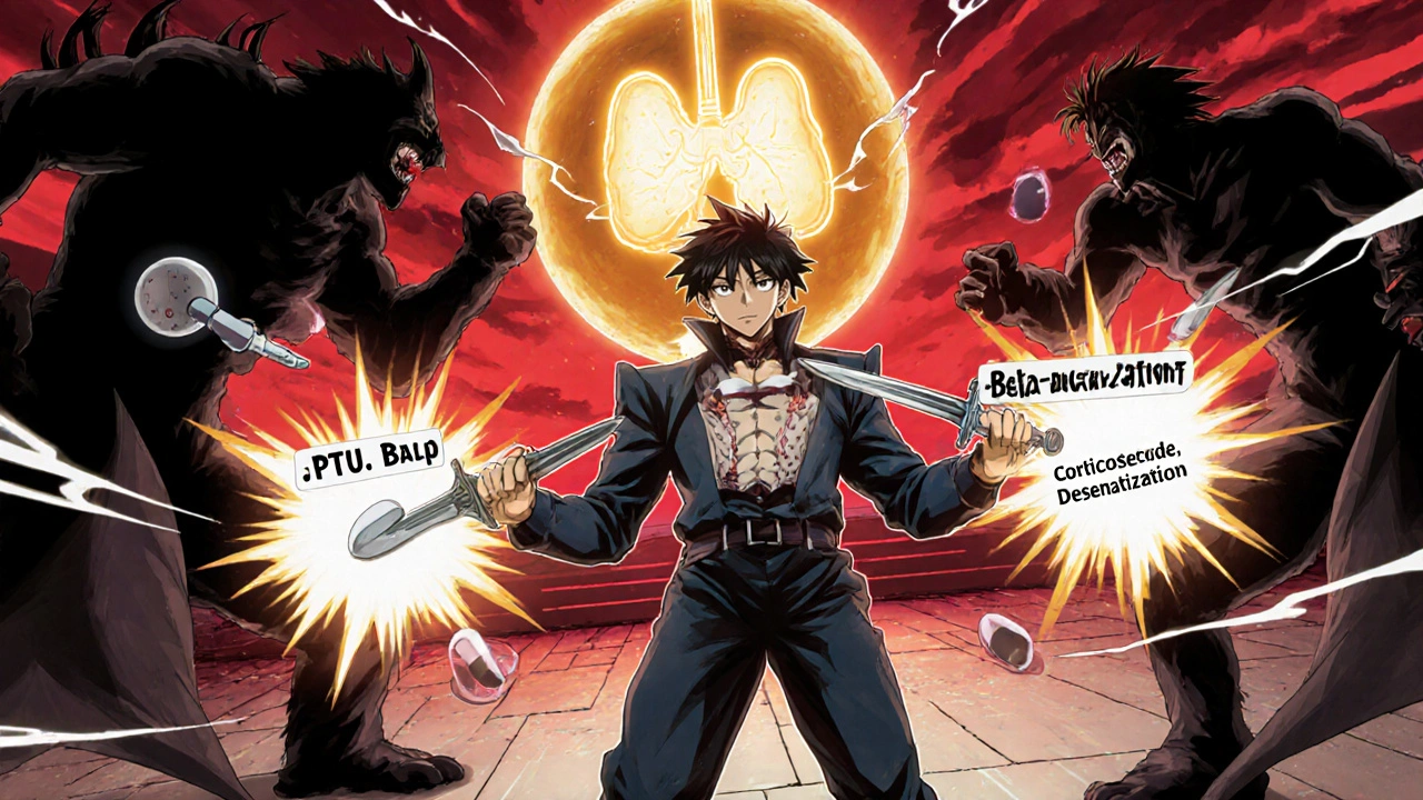 Heroic figure wields two pill swords, battling dark allergy monsters near a glowing thyroid.