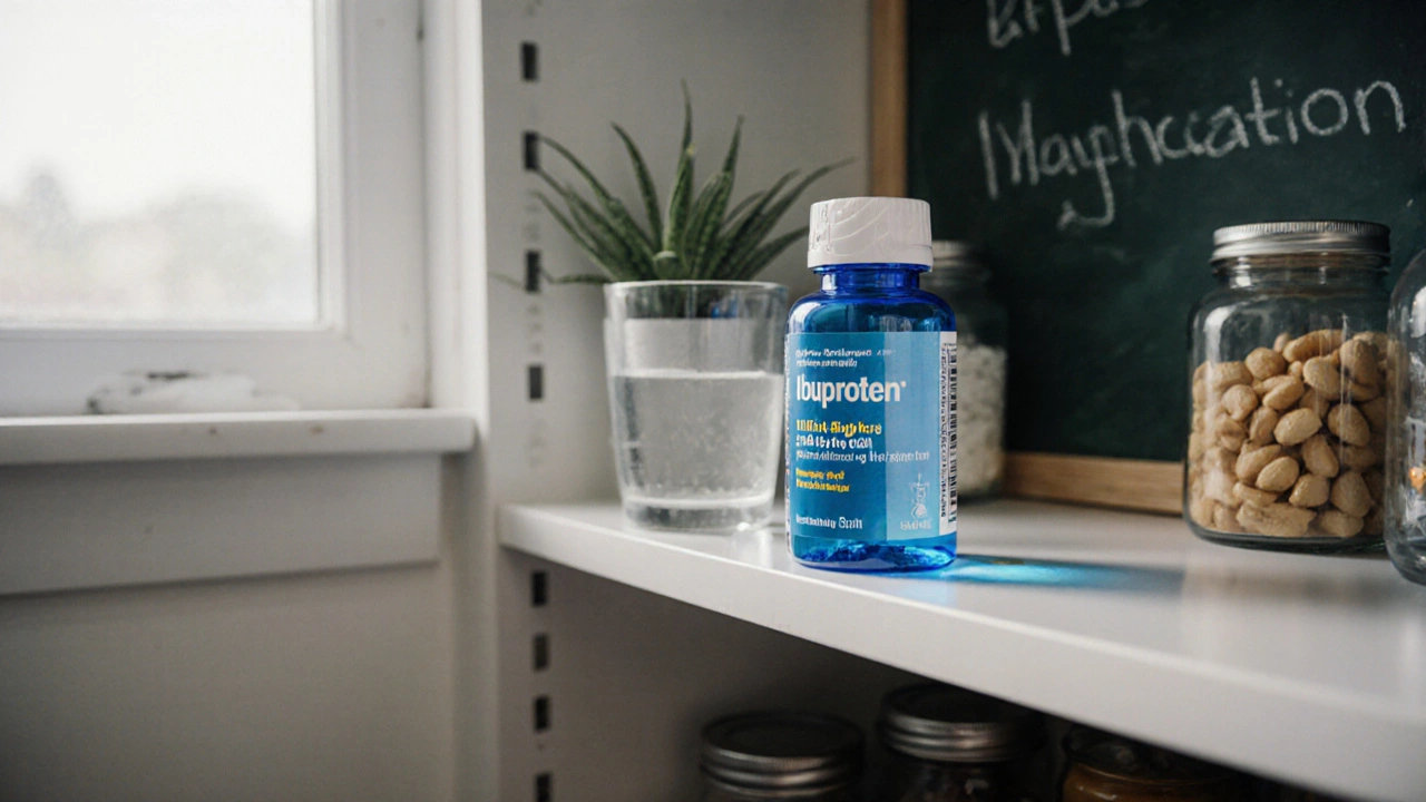 Ibuprofen bottle with child‑proof cap stored on pantry shelf in cool, dry setting.