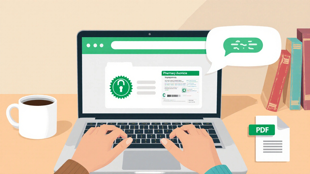 Illustration of a laptop screen showing a secure pharmacy website with padlock and chat icon.