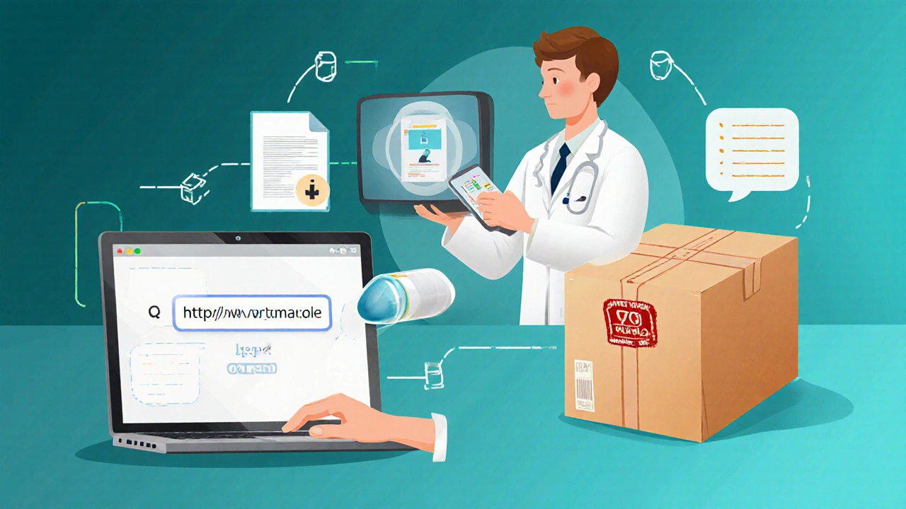 Illustration of online pharmacy steps: laptop upload, pharmacist review, sealed box.