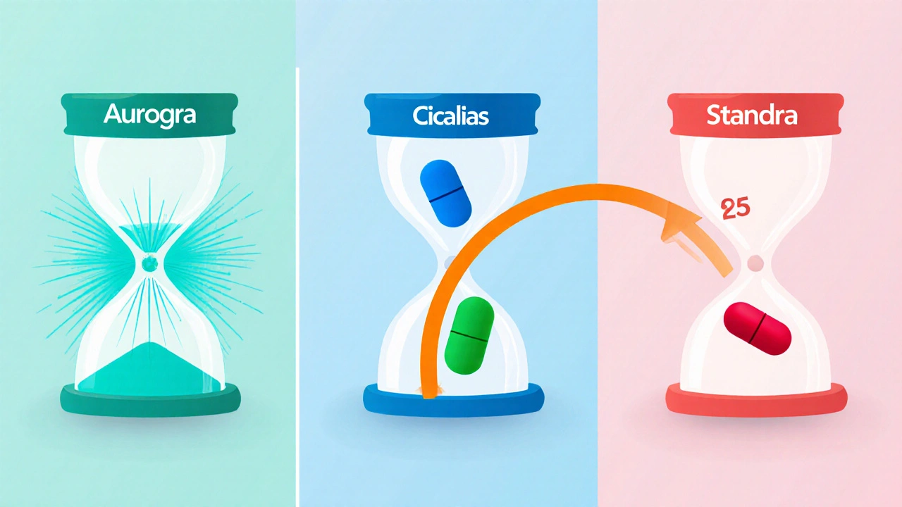 Illustration showing Aurogra onset time, comparative timelines for Viagra, Cialis, and Stendra.