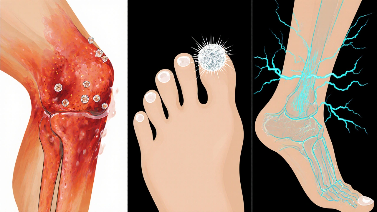 Illustration showing inflamed knee, gouty toe with crystals, and irritated nerves.