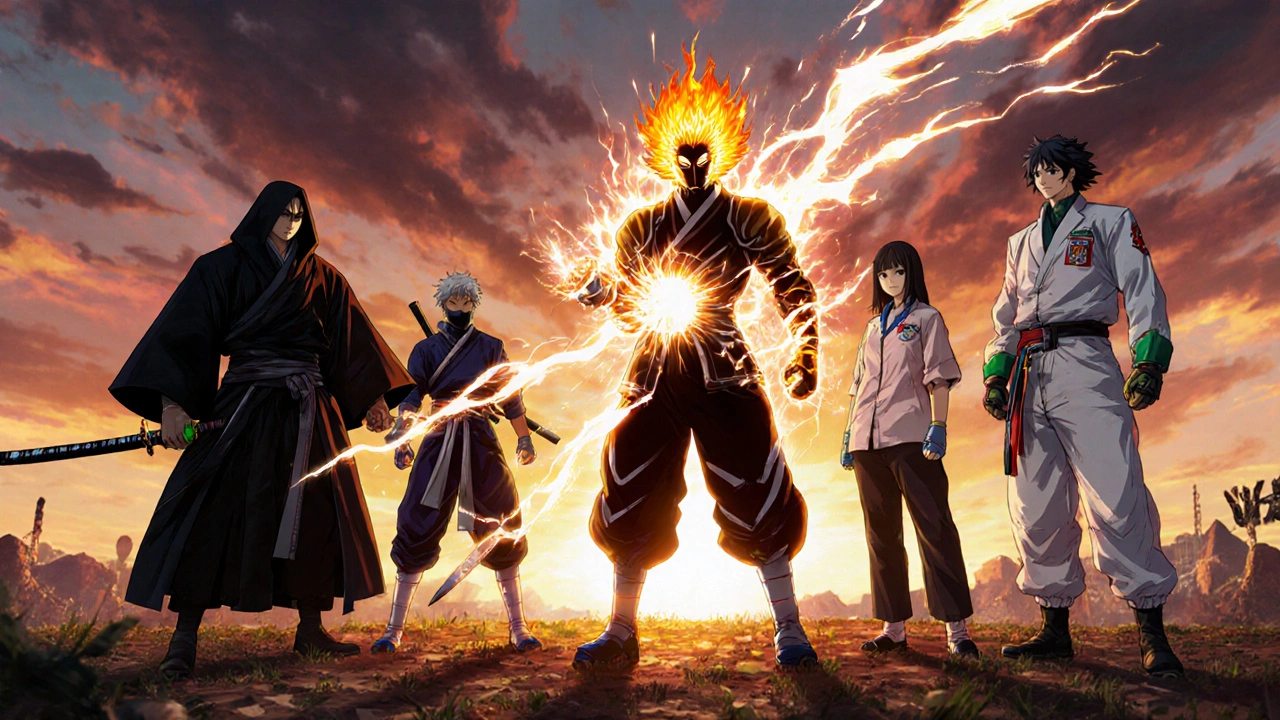 Lineup of six anime heroes personifying different antidepressants, each with distinct costumes and symbols.