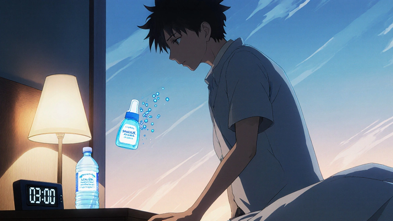 Man rising slowly from bed with water bottle and nasal spray, illustrating side effect management.