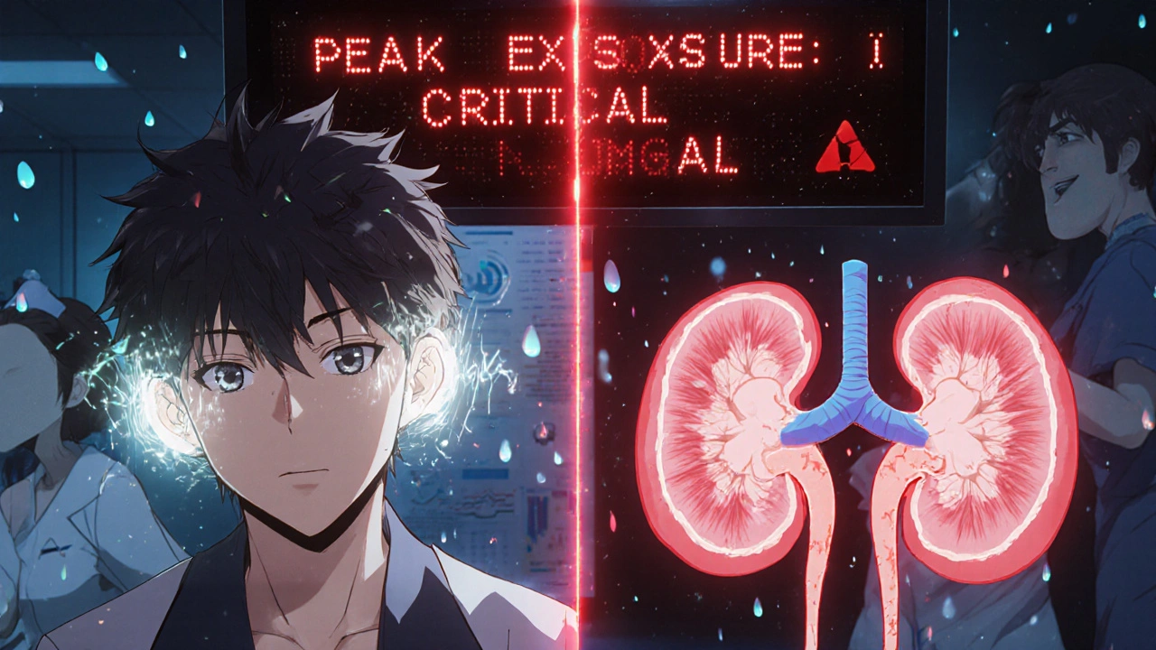 Patient's ears and kidneys showing invisible vancomycin damage, digital warnings glowing