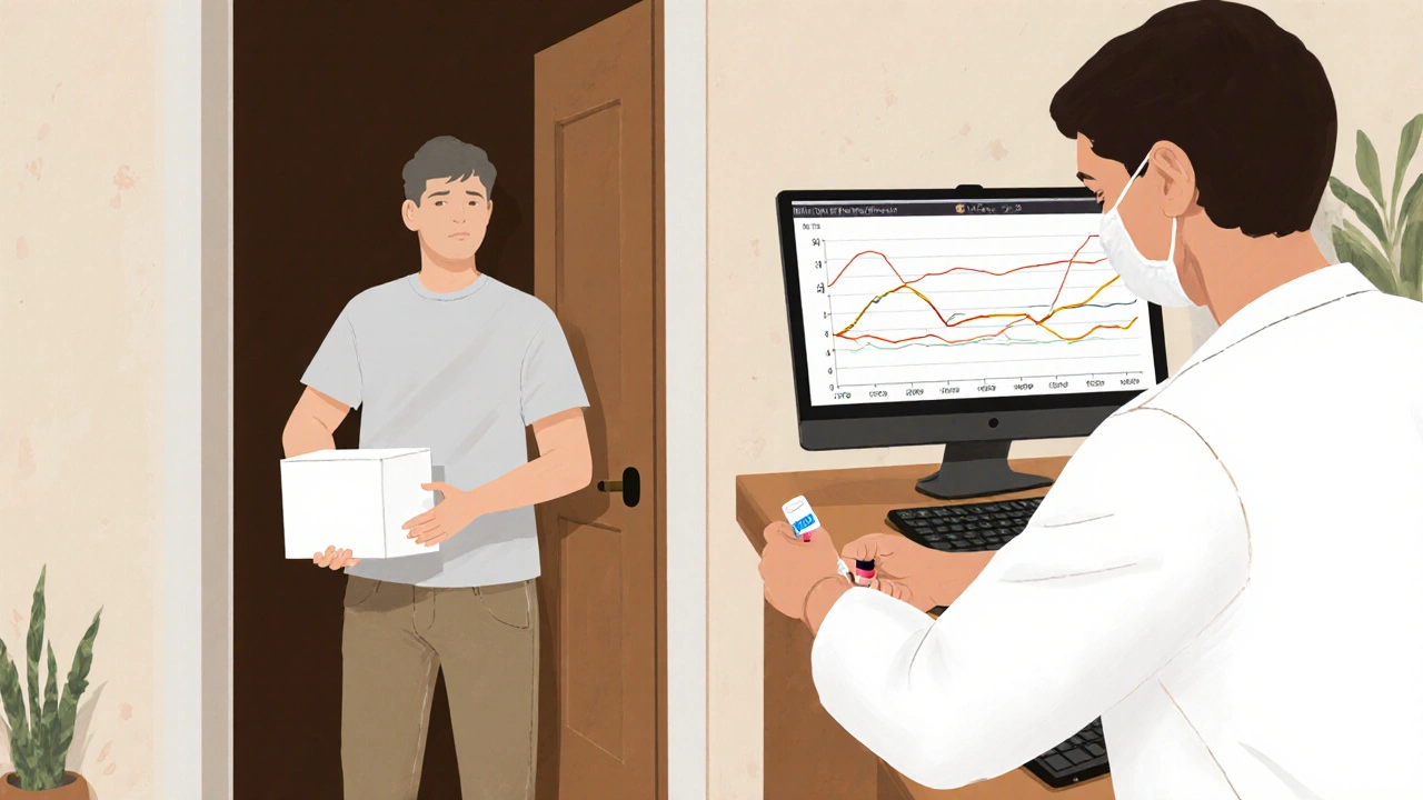 Patient receiving medication delivery and having a blood sample taken for INR testing.