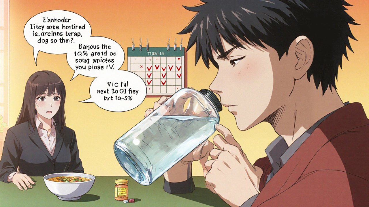 Patient using hydration, nutrition, CBT, acupuncture, and taper schedule for recovery.