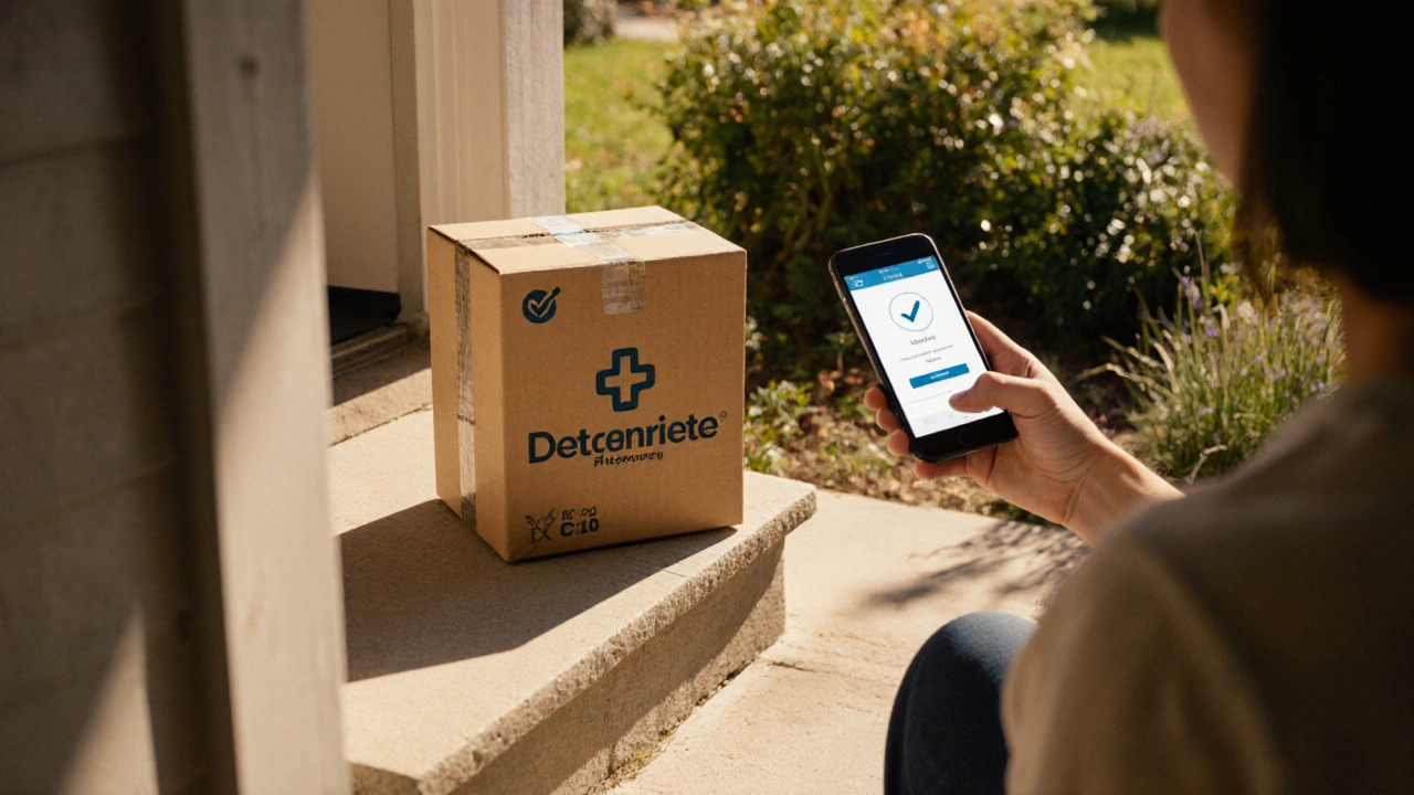 Photo of a doorstep delivery box and a person checking order status on a phone.
