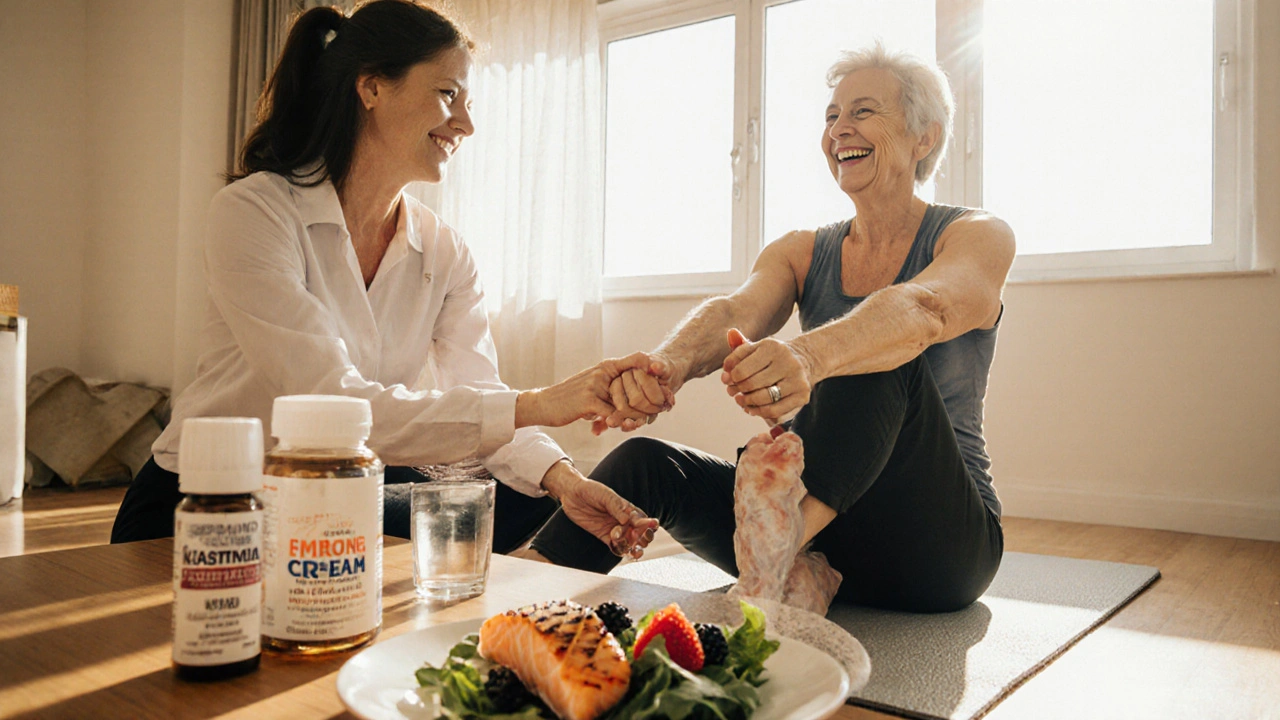 Physical therapist guiding a woman&#039;s exercise beside healthy food and meds.