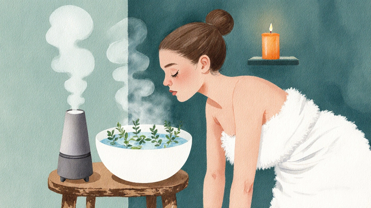 Pregnant woman inhaling steam over a bowl with eucalyptus in a cozy bathroom.