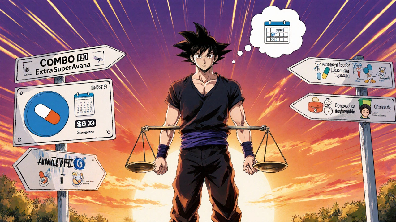 Protagonist at a forked road choosing between combo pill and separate pills, sunrise anime scene.