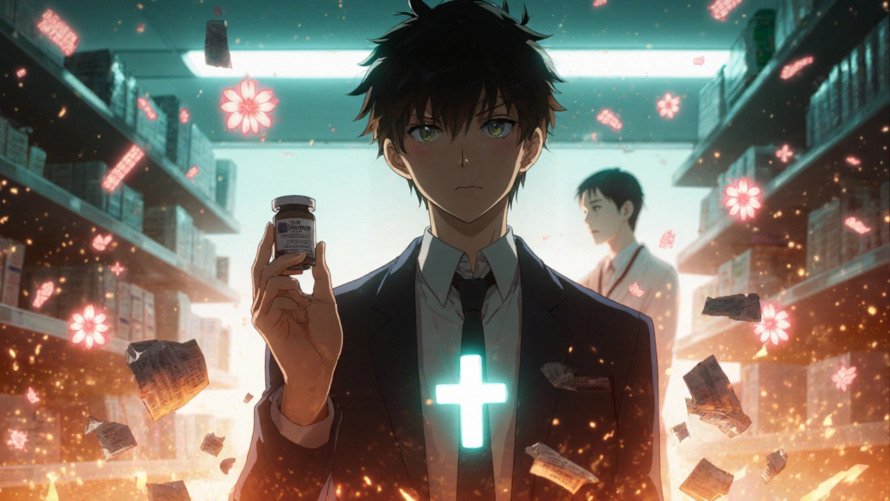 Protagonist holding generic sildenafil in pharmacy as counterfeit pills crumble to ash.
