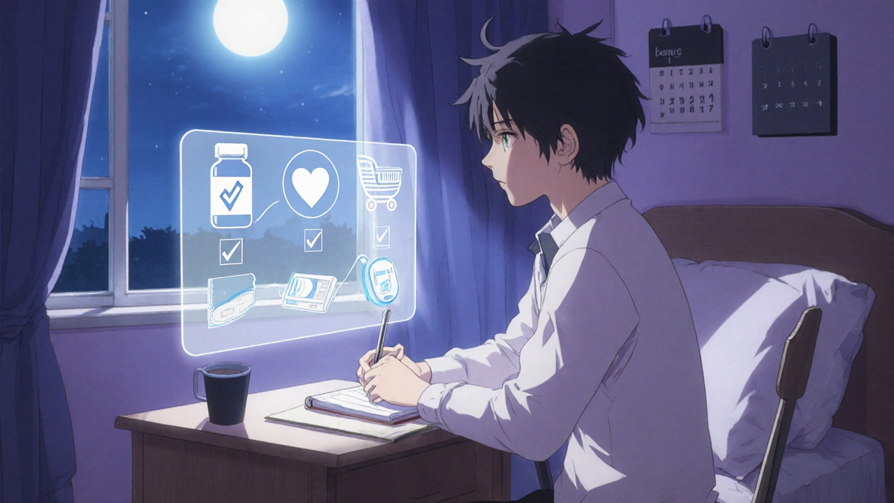 Protagonist writing in a diary at night, surrounded by floating checklist icons representing medication factors.