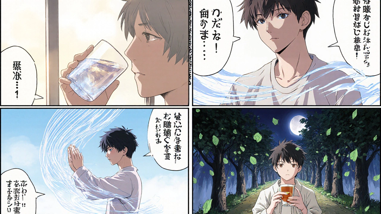 Sequence shows hero drinking water, doing yoga, walking, and sipping tea before sleep.