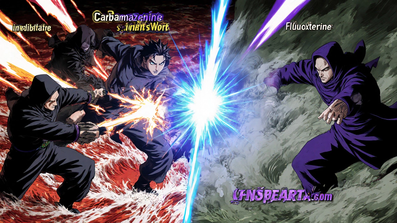 Shounen battle scene with the drospirenone hero confronting inhibitor and inducer foes, illustrating drug interactions.