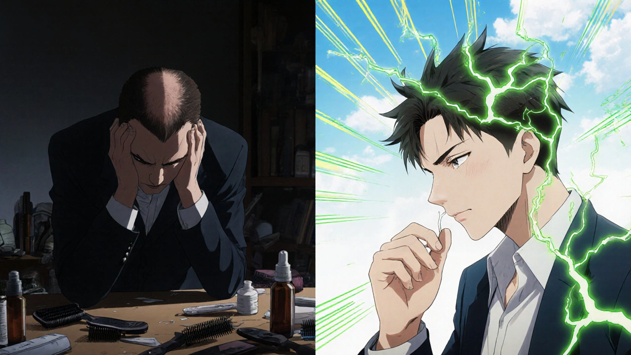Split scene: younger man taking finasteride under sunlight vs older man surrounded by failed hair products.