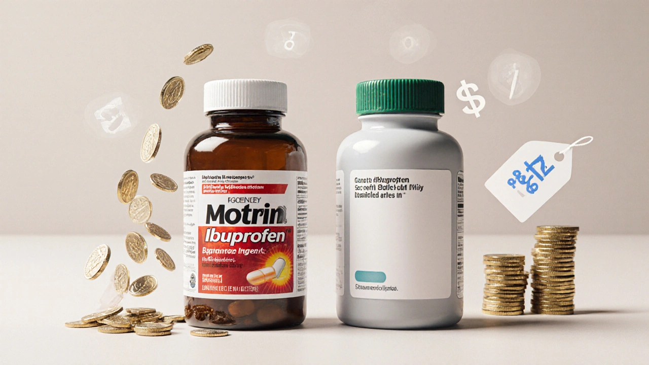 Two medicine bottles side by side, generic bottle surrounded by coins indicating lower cost.