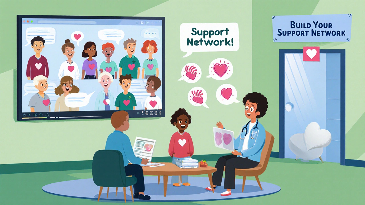 Virtual support group with avatars, family education, and therapist, illustrating connection.