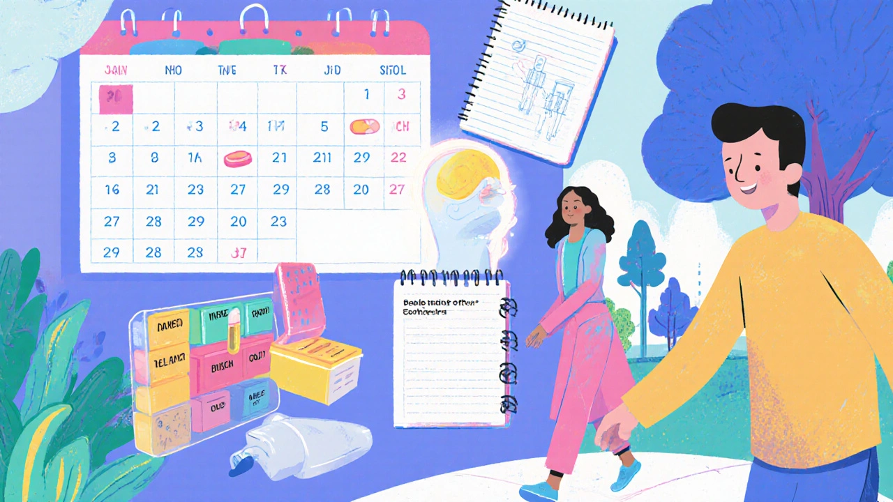 Wall calendar, pillbox, and advanced therapy icons illustrate a supportive care toolbox.