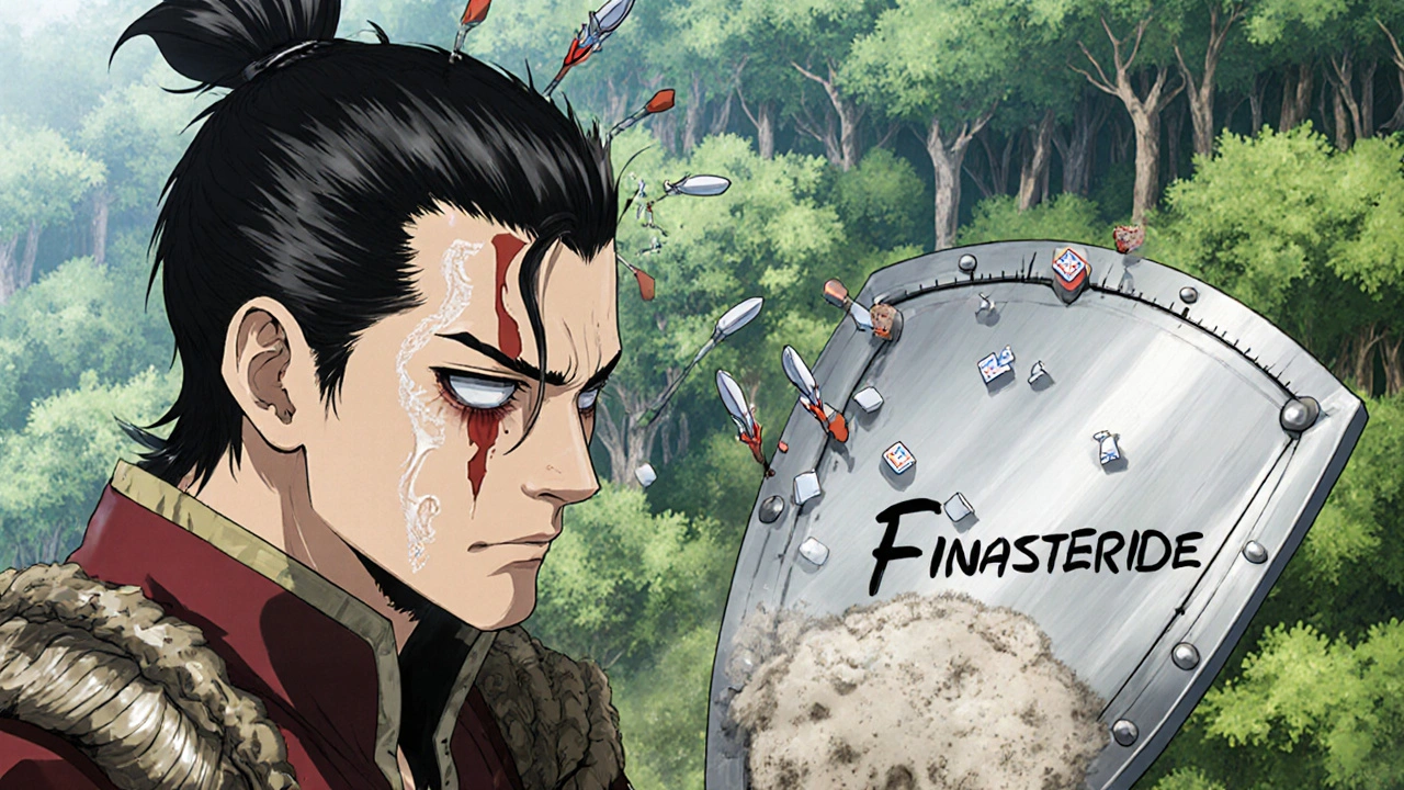 Warrior’s scalp as a forest under attack by DHT arrows, protected by a glowing finasteride shield.