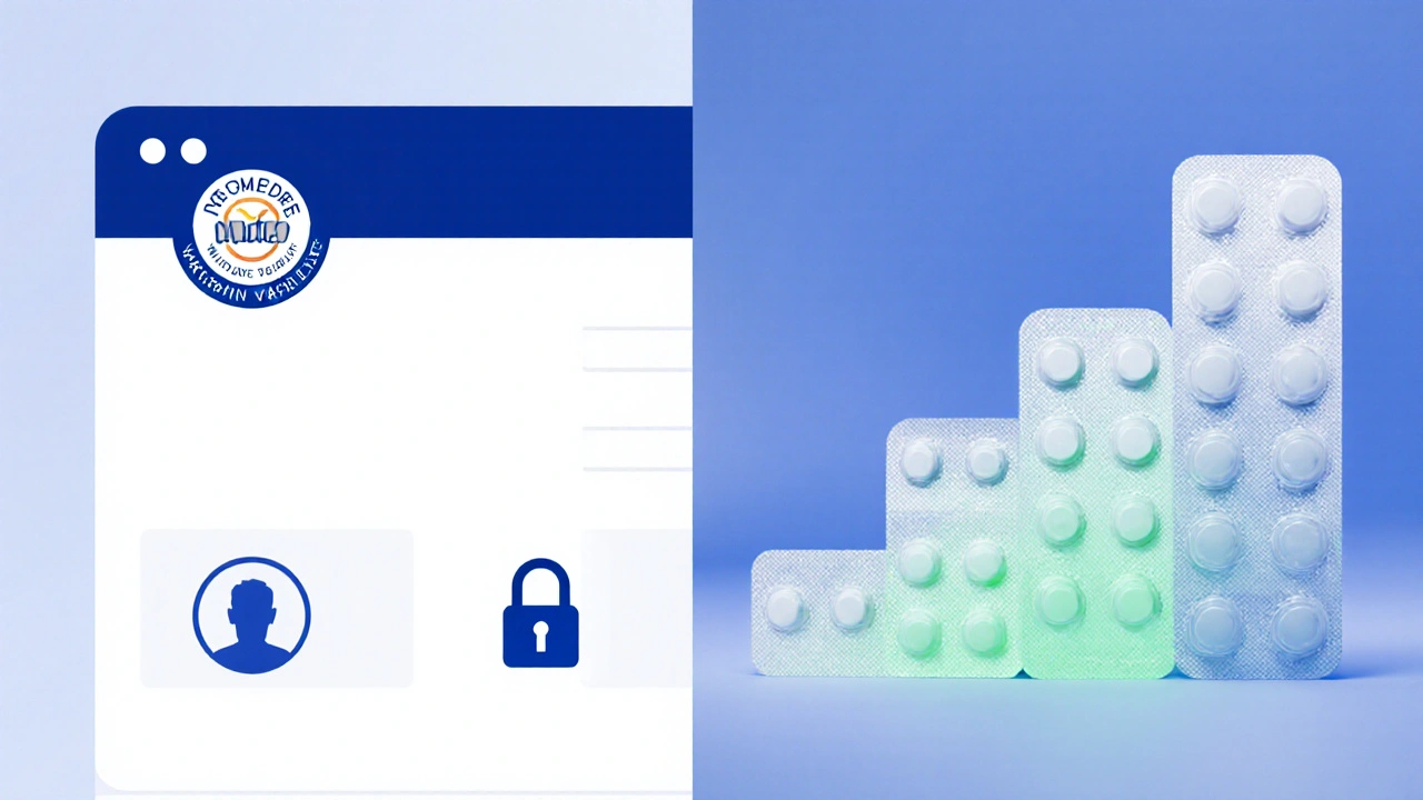 Website icons showing licence and security beside three tablet blister packs.
