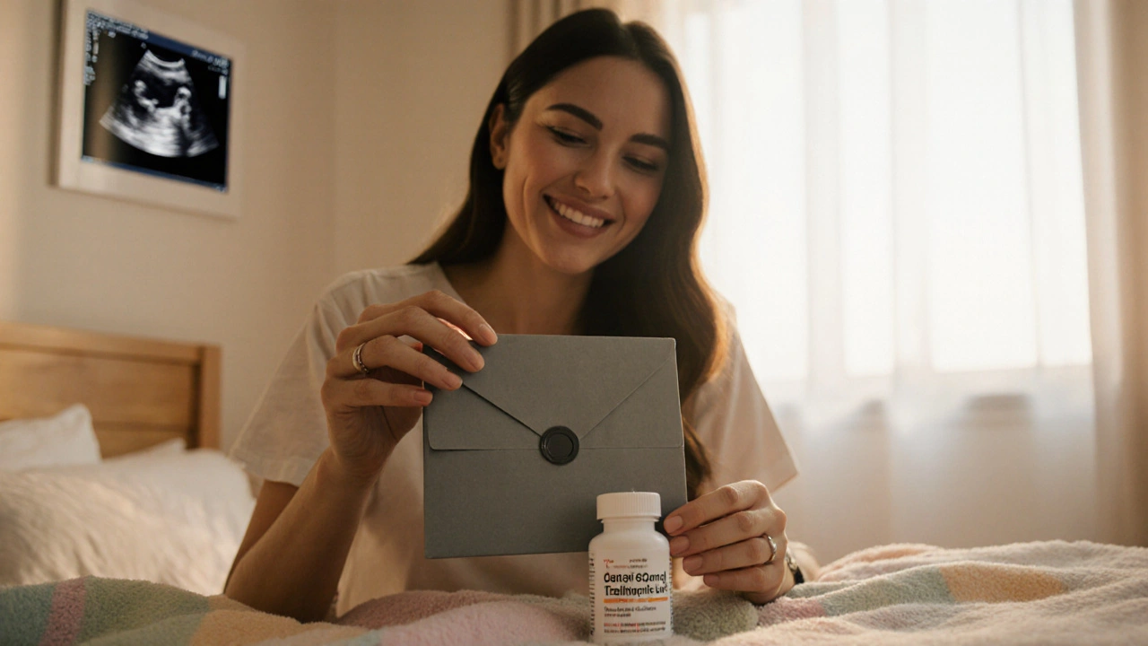 Woman opening discreet package with clomid tablets, feeling relieved.