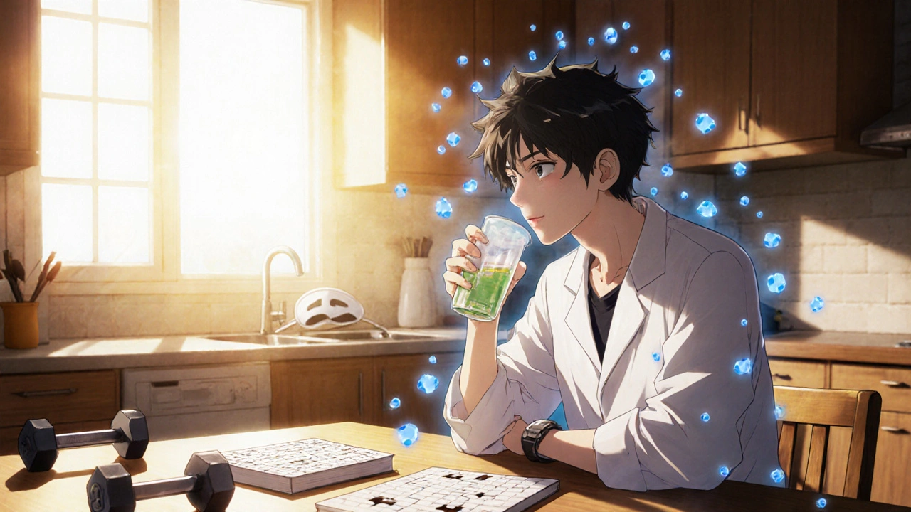 Young adult drinks magnesium supplement, surrounded by puzzle, dumbbell, and sunrise.