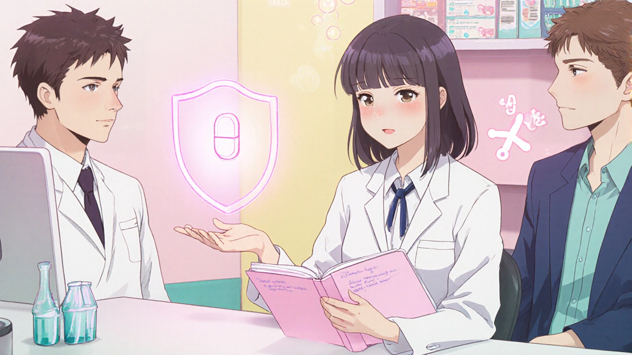 Young anime character consulting a pharmacist, holding a medication list and shield, representing safe management.
