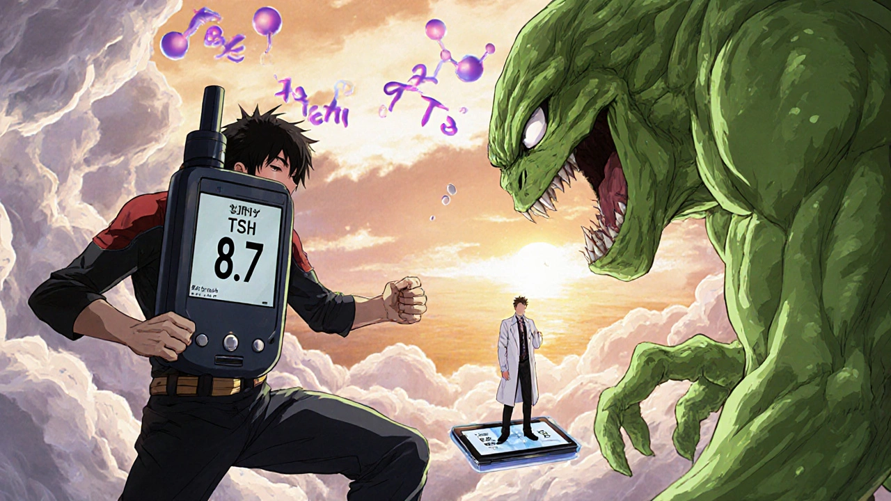 A CGM device fighting a thyroid monster inside the body, with medical data floating above, in shounen anime style.