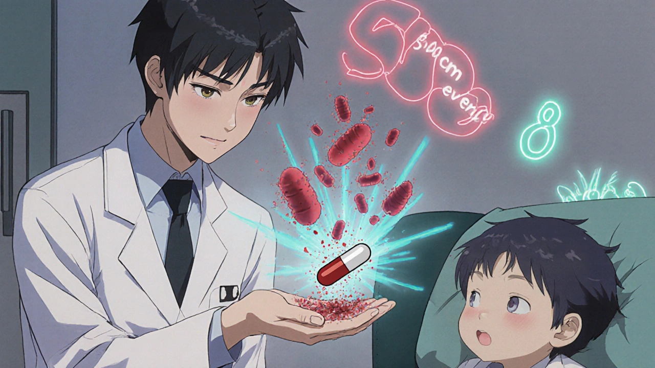 A doctor giving a lincomycin capsule to a parent, with bacteria dissolving into light in the background.