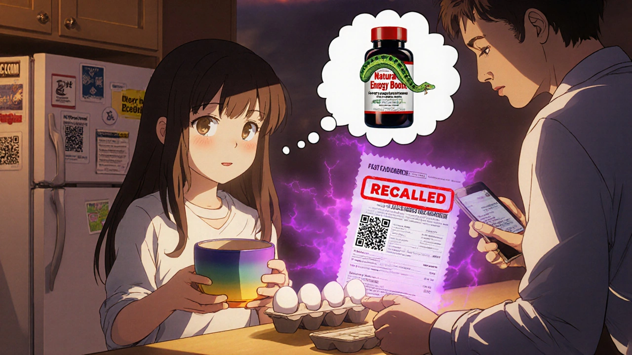 A family discovers lead fumes from a ceramic bowl and contaminated eggs, with FDA safety alerts glowing in the air.