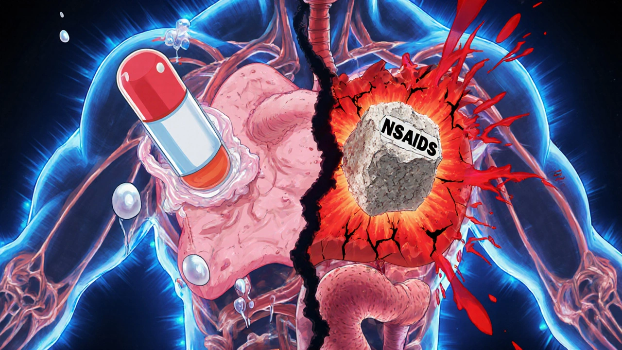 A fractured heart and damaged kidneys under attack by NSAIDs and diuretics in vivid anime colors.