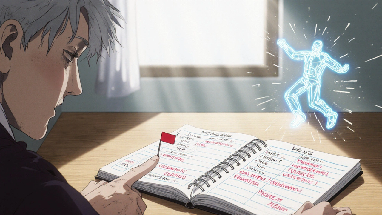 A handwritten medication log with glowing details, and a ghostly figure representing dizziness nearby.