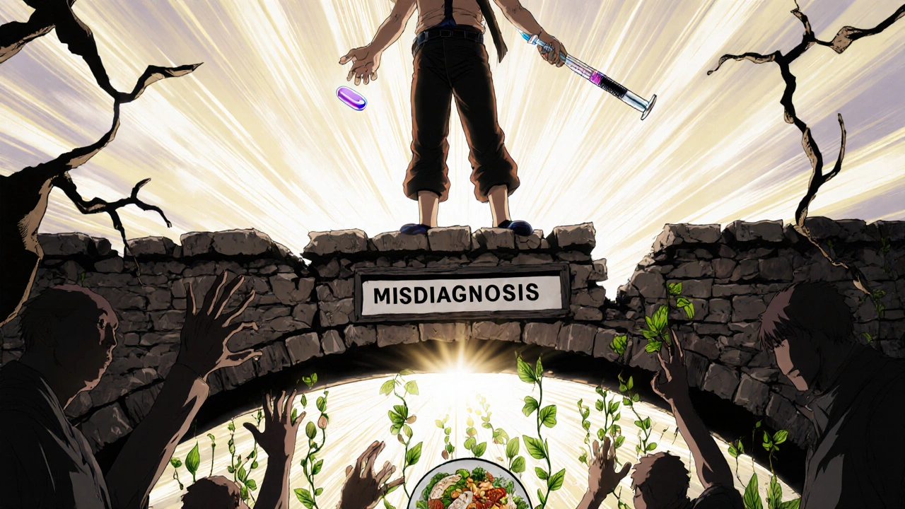 A hero holding thyroid medication and insulin, standing on a bridge as healthy foods grow beneath them, in shounen anime style.