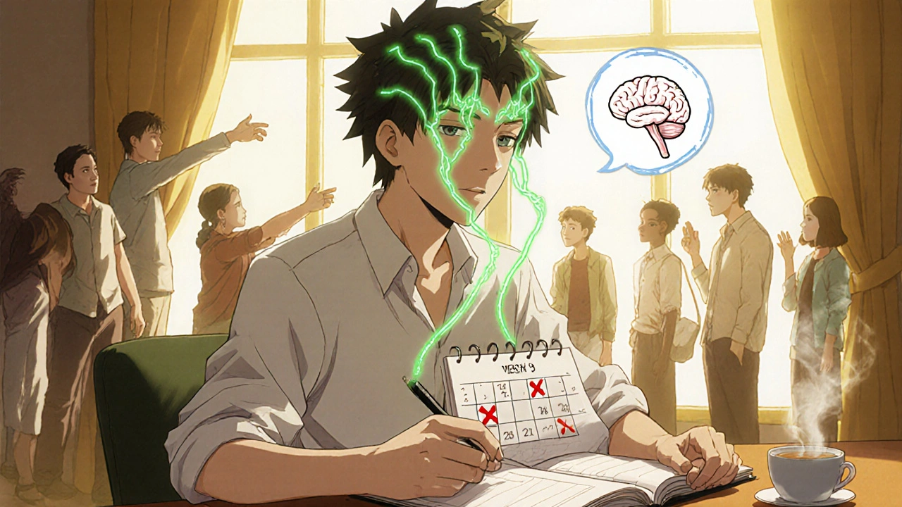 A patient tracking taper progress by a window, glowing neural pathways rebuilding in their brain.