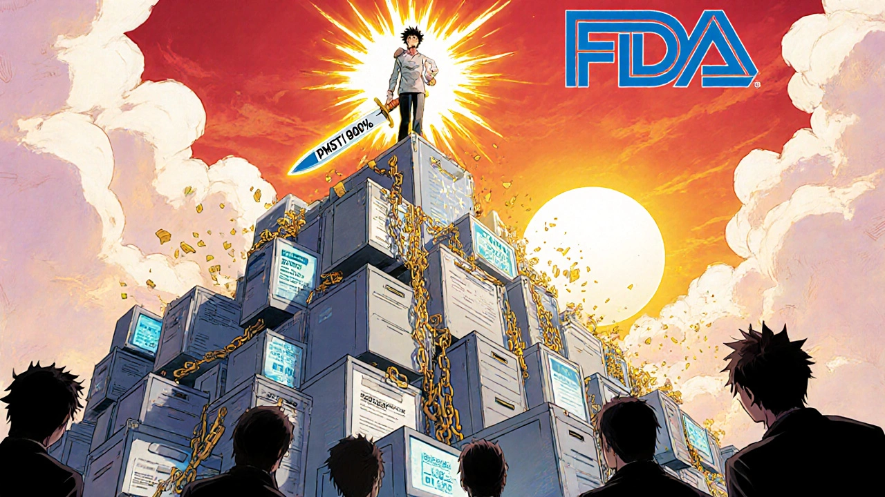A pharmacist defeats outdated systems with a glowing PMSTI sword as data mountains collapse into light.