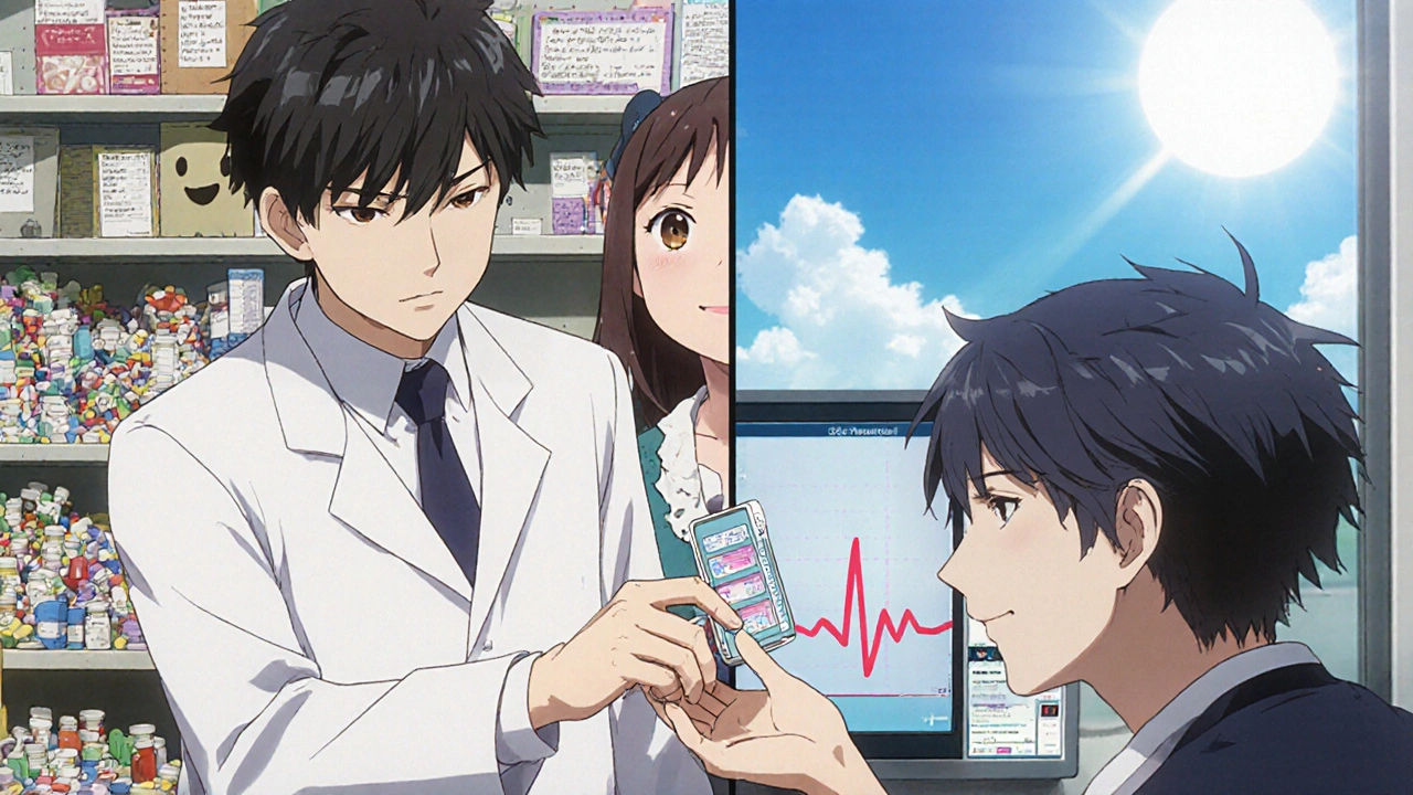 A pharmacist handing a simplified pill regimen to a patient, with contrasting past and present scenes.